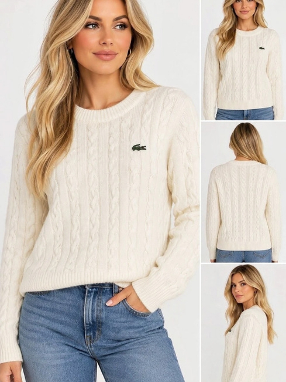 NWT Lacoste Wool and Cotton Blend Cable Knit Sweater Cable Knit Sweater in Cream